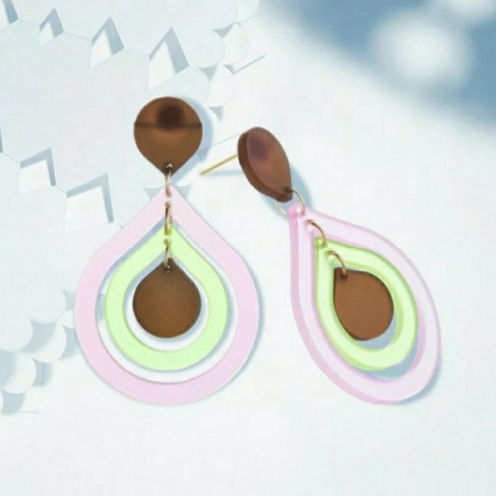 Pink & Green Retro Acrylic Double Hoop Stud Dangle Drop Earrings - Picture 8 of 9